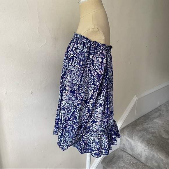 Rebecca Taylor Indigo Combo Floral Paisley-Print Silk Off the Shoulder Blouse 2 - Picture 7 of 11